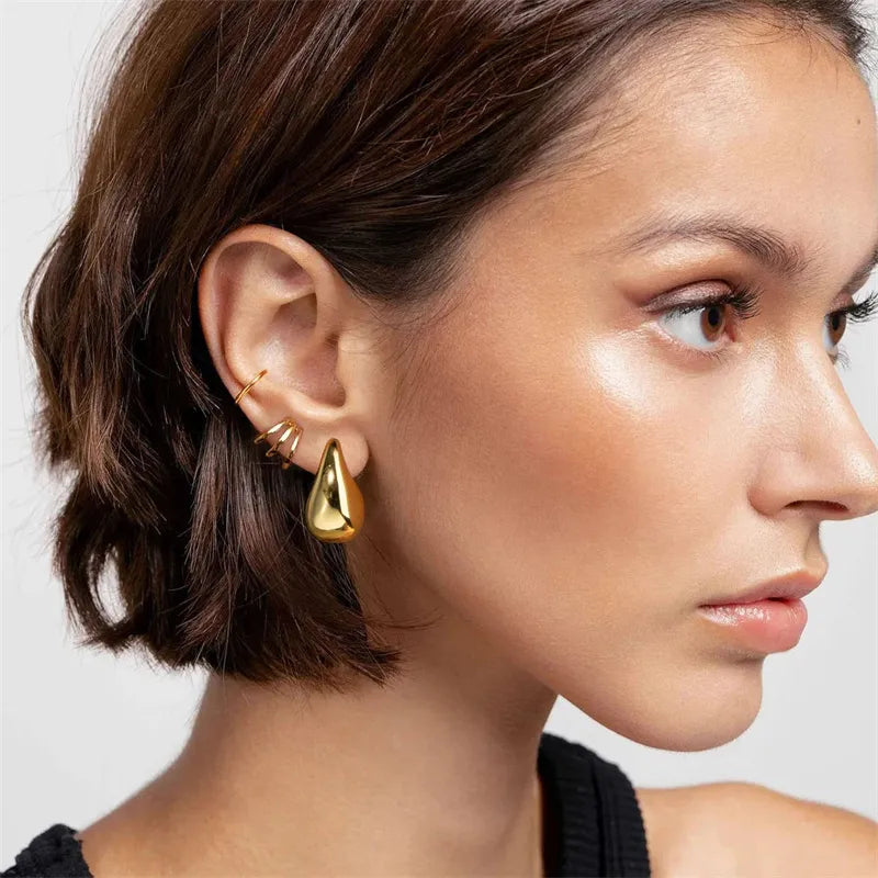 Chunky Dome Drop Earrings - Vintage Gold Plated Stainless Steel Teardrop Hoops