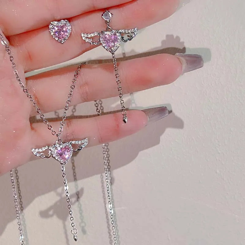 2024 New Pink Crystal Angel Wings Heart Pendant Necklace Set for Woman Minimalist Chain Chain Necklace Wedding Party Jewelry