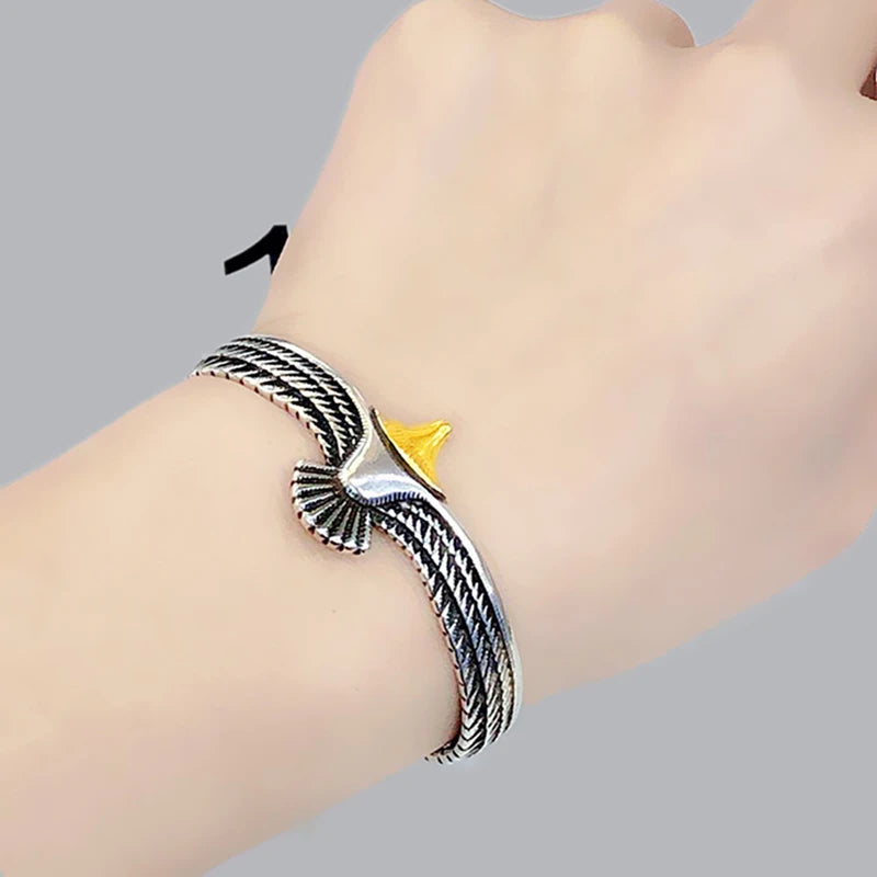 "Two-Tone Viking Eagle Cuff Bracelet with Wings Bangle - Unisex Animal Jewelry Accessory"