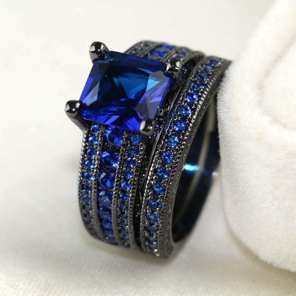 Stainless Steel Couples Blue Rhinestone Rings Set - Elegant Fashion Jewelry for Gift Giving