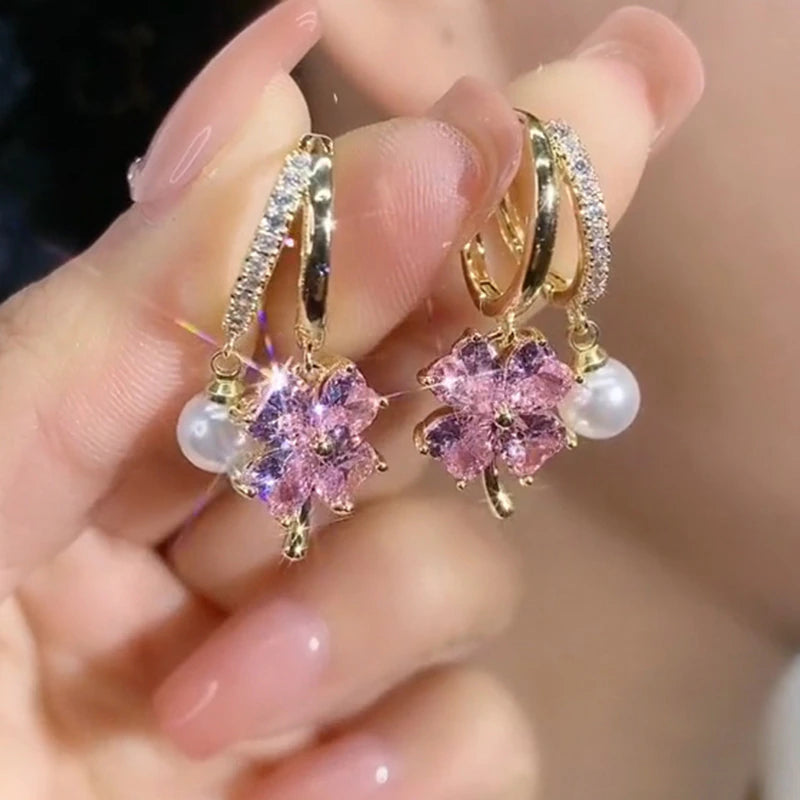 Imitation Pearl and Crystal Ear Buckle Earrings in Pink for Women