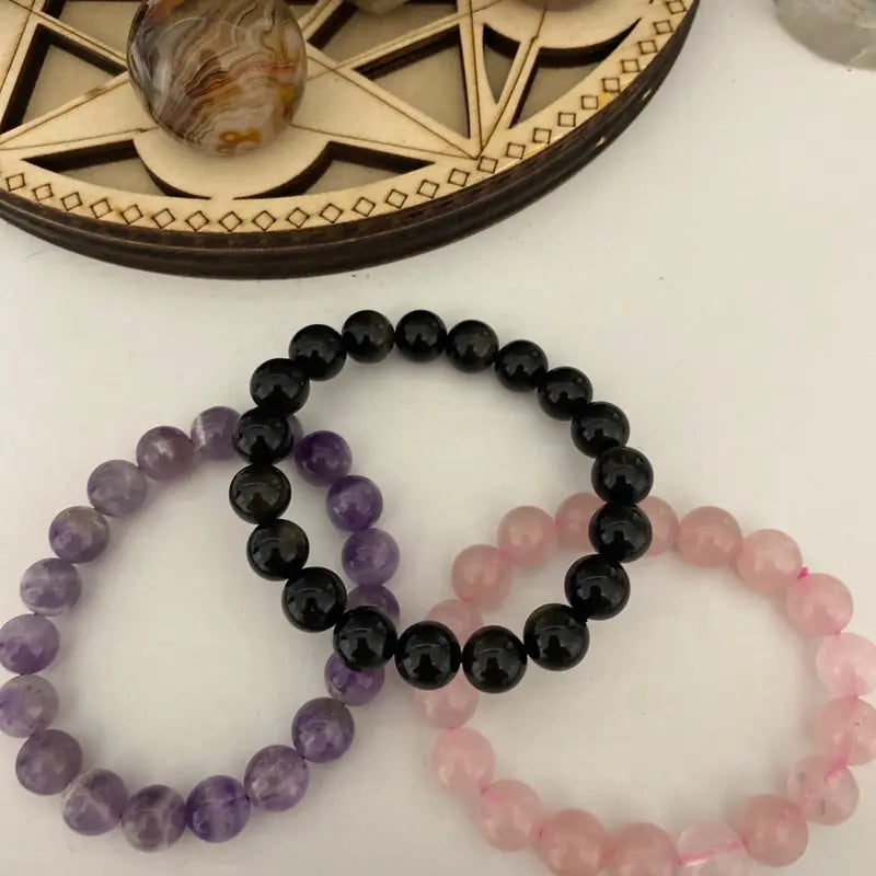 Amethyst, Rose Quartz, Obsidian Bracelet