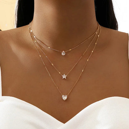 3 Pcs Gold-Color Simple Multilayered Pendant Necklace for Girls Women Star Heart Shaped Pendant Necklace Jewelry for Birthday Gi