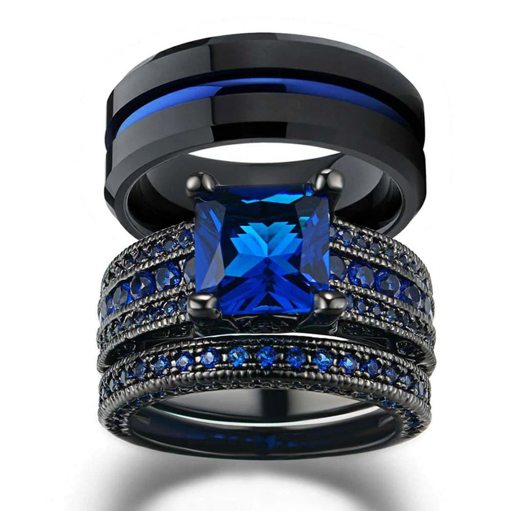 Stainless Steel Couples Blue Rhinestone Rings Set - Elegant Fashion Jewelry for Gift Giving