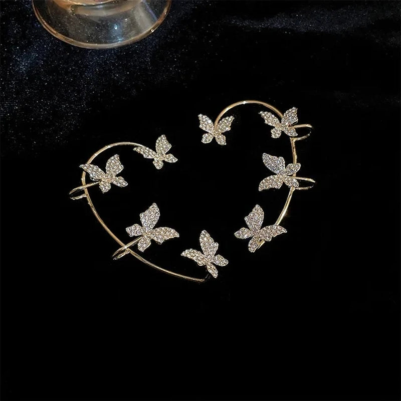 "Zircon-Encrusted Metal Butterfly Ear Clips for Women - Non-Piercing Ear Cuff Earrings in Gold and Silver, Perfect for Weddings"