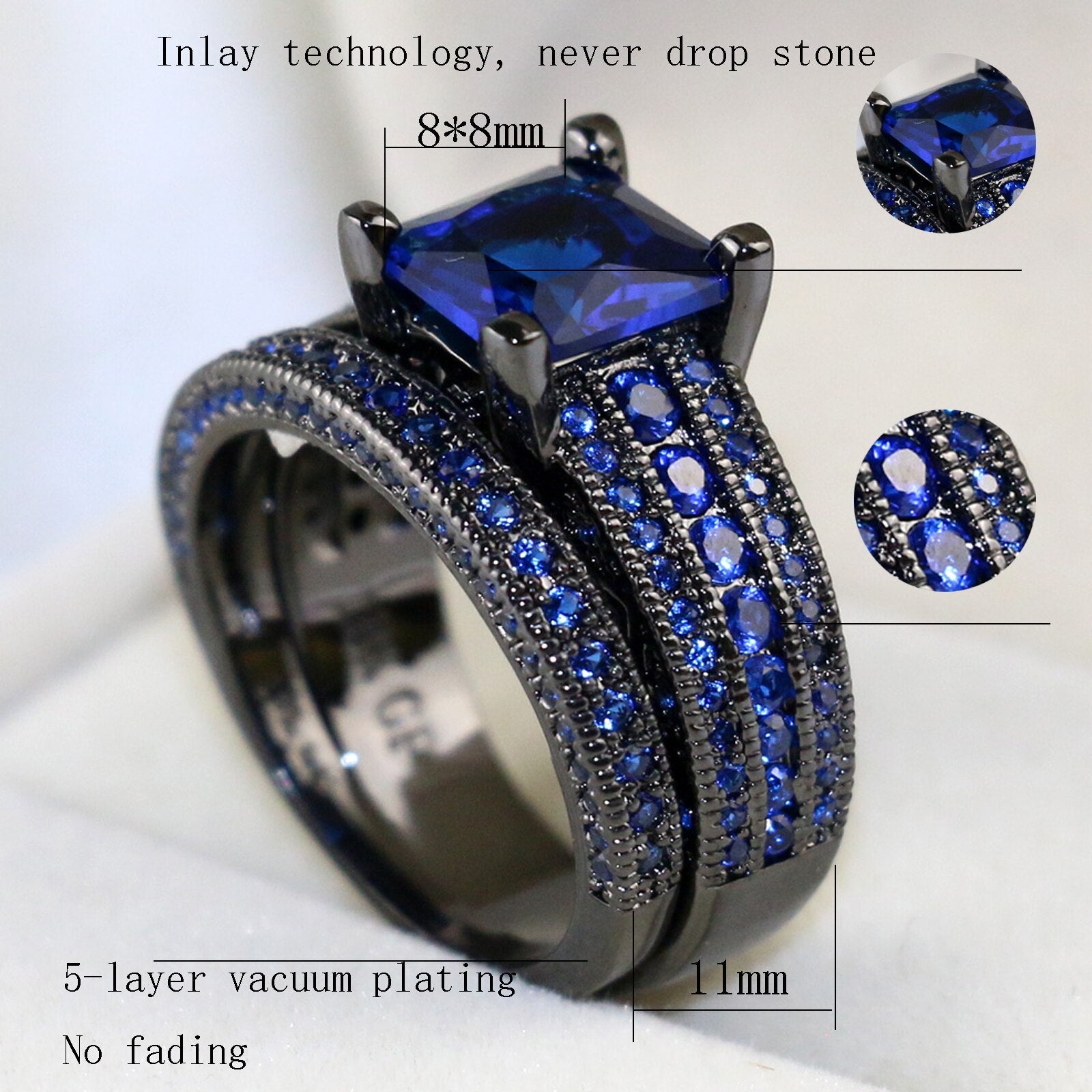 Stainless Steel Couples Blue Rhinestone Rings Set - Elegant Fashion Jewelry for Gift Giving