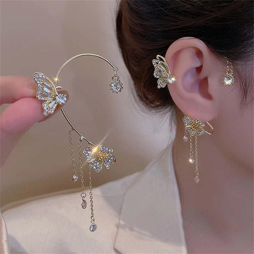 Zircon Butterfly Ear Cuff with Tassel Clip-On Earrings - Gold Tone Korea Style Copper Earring