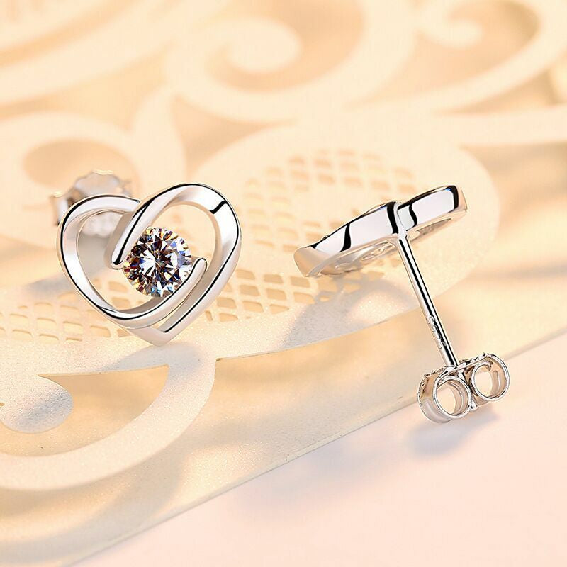 Women Crystal Heart Swirl Stud Earrings 925 Sterling Silver Jewellery Gift UK