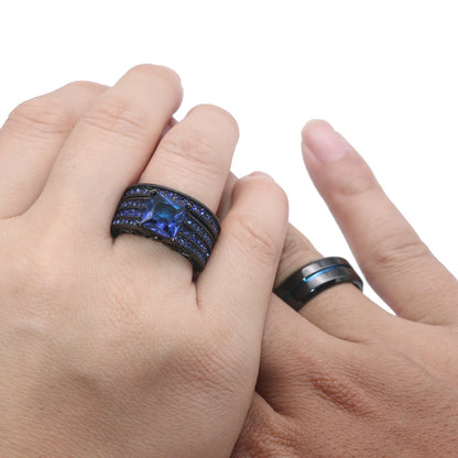 Stainless Steel Couples Blue Rhinestone Rings Set - Elegant Fashion Jewelry for Gift Giving