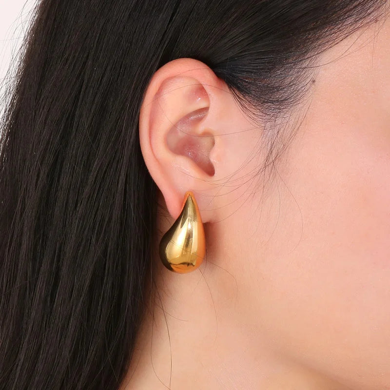 Chunky Dome Drop Earrings - Vintage Gold Plated Stainless Steel Teardrop Hoops