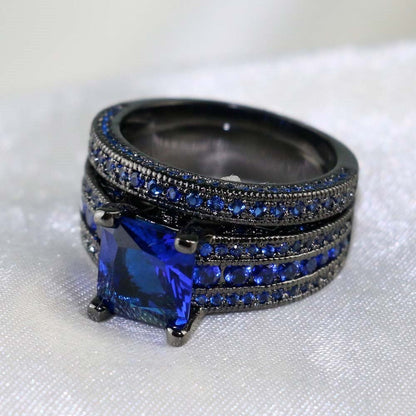 Stainless Steel Couples Blue Rhinestone Rings Set - Elegant Fashion Jewelry for Gift Giving