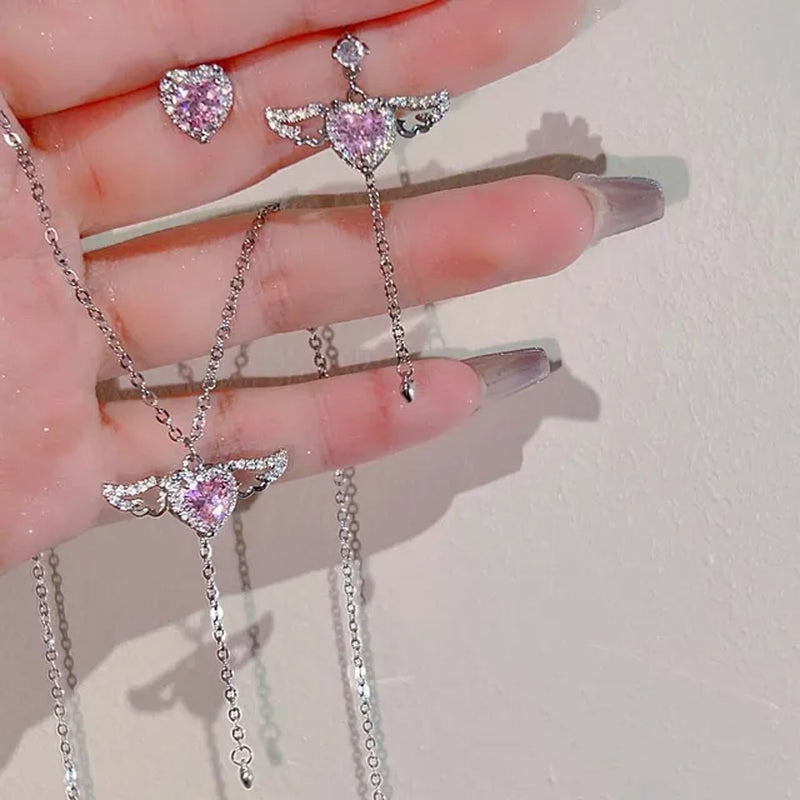 2024 New Pink Crystal Angel Wings Heart Pendant Necklace Set for Woman Minimalist Chain Chain Necklace Wedding Party Jewelry