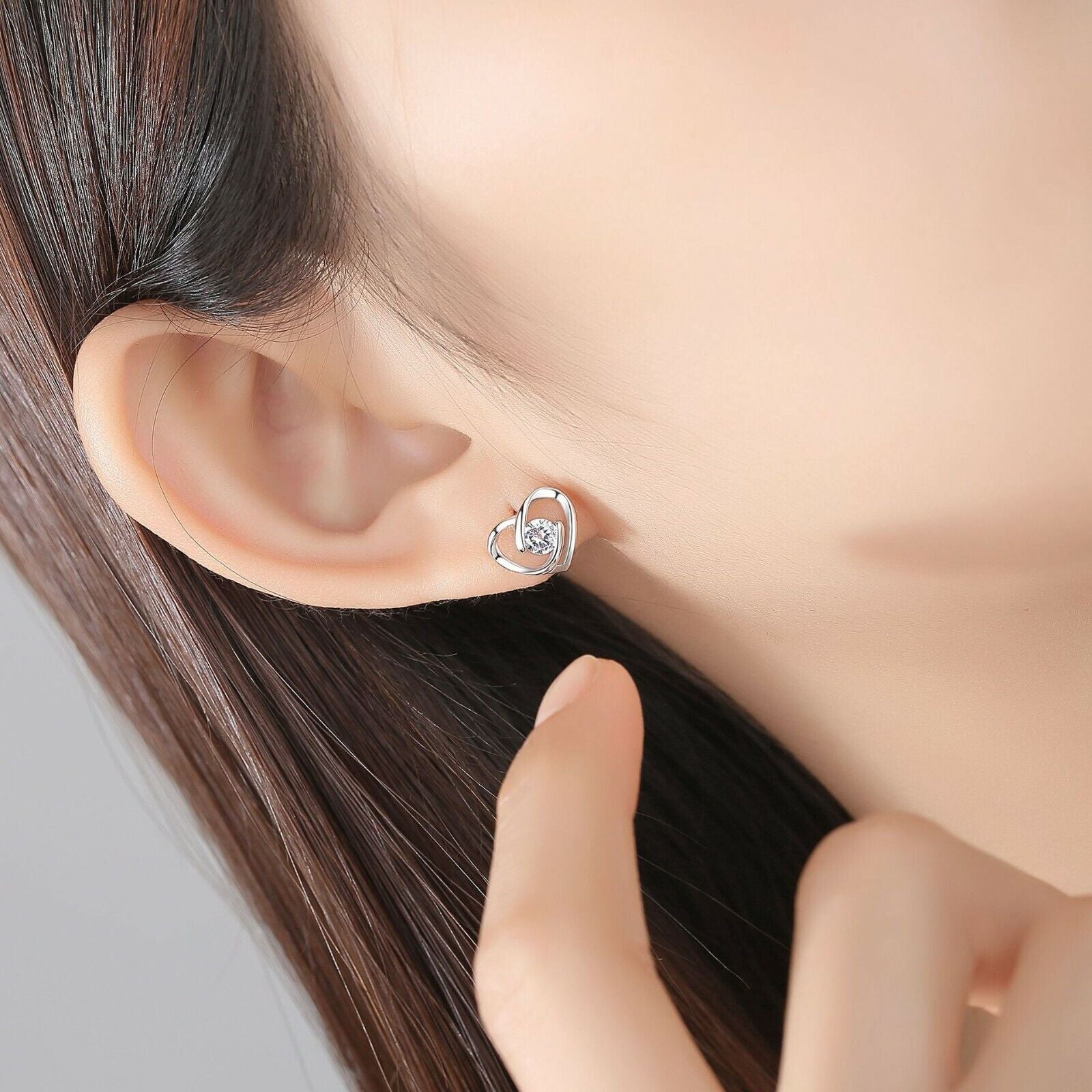 Women Crystal Heart Swirl Stud Earrings 925 Sterling Silver Jewellery Gift UK