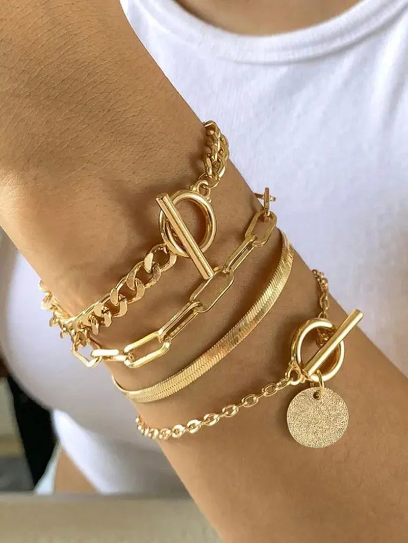 Women'S Fashionable Casual Geometric Design Chain Link Bracelet & OT Buckle Chain Bracelet, Simple Plain Hollow Out Design Bracelet, Fashion All-Match Accessories for Summer Vacation